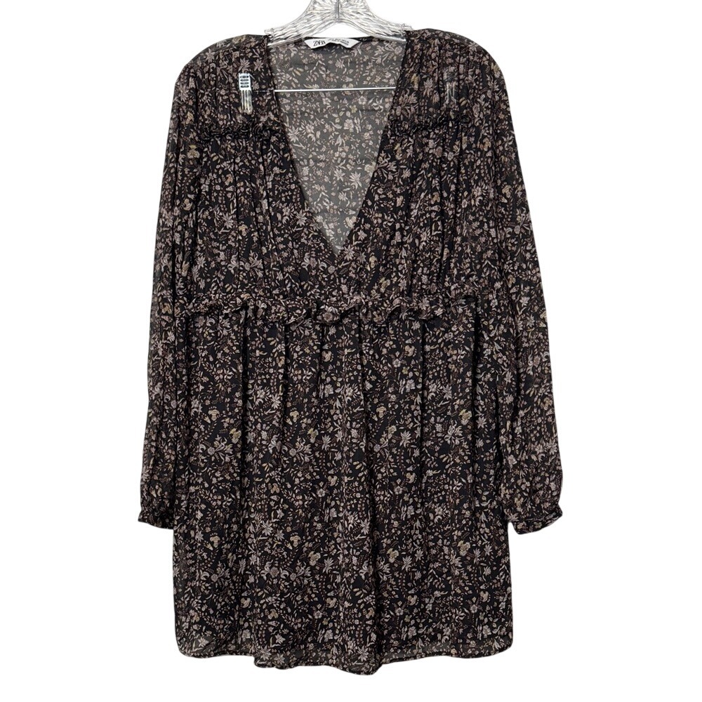 Zara Womens Black Floral V-Neck Ruffle Empire Waist Mini Dress‎ 8514/051/330/M